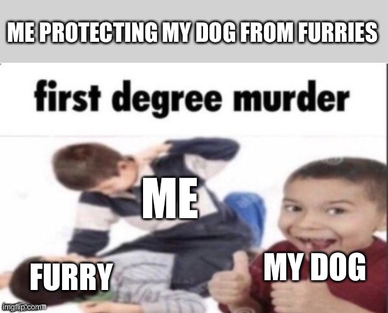 He protecc | ME PROTECTING MY DOG FROM FURRIES; ME; MY DOG; FURRY | image tagged in first degree murder,funny,anti furry | made w/ Imgflip meme maker