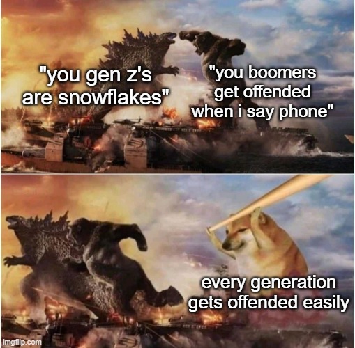 Kong Godzilla Doge | "you boomers get offended when i say phone"; "you gen z's are snowflakes"; every generation gets offended easily | image tagged in kong godzilla doge | made w/ Imgflip meme maker