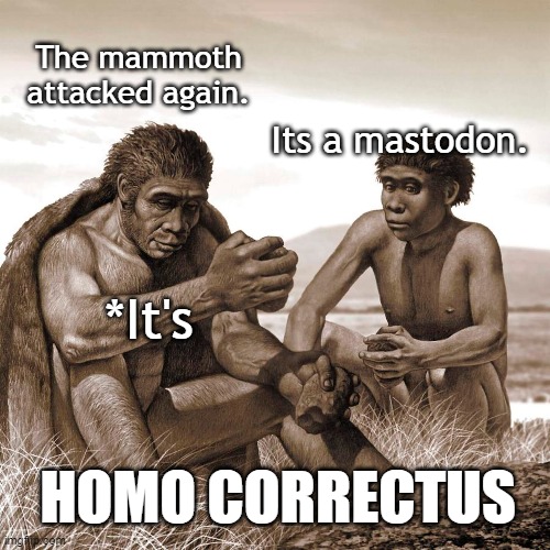 Homo Correctus | The mammoth attacked again. Its a mastodon. *It's; HOMO CORRECTUS | image tagged in grammar nazi,bad grammar and spelling memes,cavemen,language | made w/ Imgflip meme maker