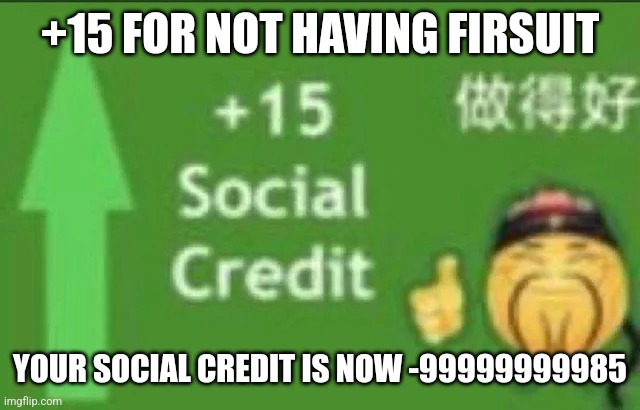 +15 social credit | +15 FOR NOT HAVING FIRSUIT YOUR SOCIAL CREDIT IS NOW -99999999985 | image tagged in 15 social credit | made w/ Imgflip meme maker