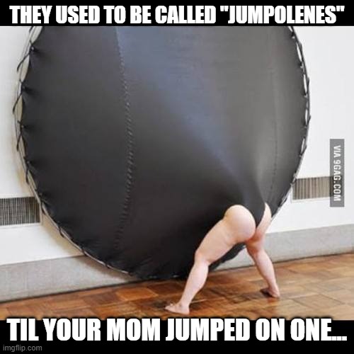 Zing!!! | THEY USED TO BE CALLED "JUMPOLENES"; TIL YOUR MOM JUMPED ON ONE... | image tagged in trampoline | made w/ Imgflip meme maker