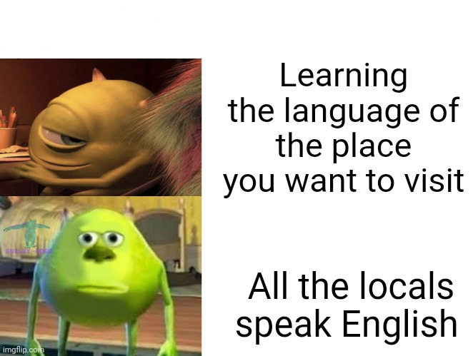 Years of academy training wasted | Learning the language of the place you want to visit; All the locals speak English | image tagged in mike wazowski turning,monsters inc,tourism | made w/ Imgflip meme maker