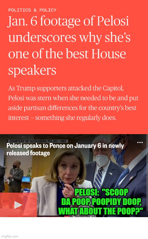 PELOSI:  "SCOOP DA POOP, POOPIDY DOOP, WHAT ABOUT THE POOP?" | made w/ Imgflip meme maker