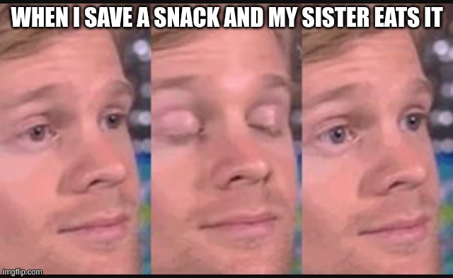 MYYY SNACK! | WHEN I SAVE A SNACK AND MY SISTER EATS IT | image tagged in blinking guy | made w/ Imgflip meme maker