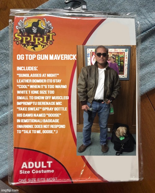 OG TOP GUN MAVERICK | OG TOP GUN MAVERICK; INCLUDES:; "Sunglasses at night"; Leather Bomber (to stay "cool" when it's too warm); White T (one size too small to show off muscles); Impromptu Serenade Mic; "Fake Sweat" Spray Bottle; His Dawg Named "Goose" in (emotional) baggage; (WARNING: Does NOT respond to "Talk to me, Goose.".) | image tagged in spirit halloween,costume,cosplay,top gun,maverick | made w/ Imgflip meme maker