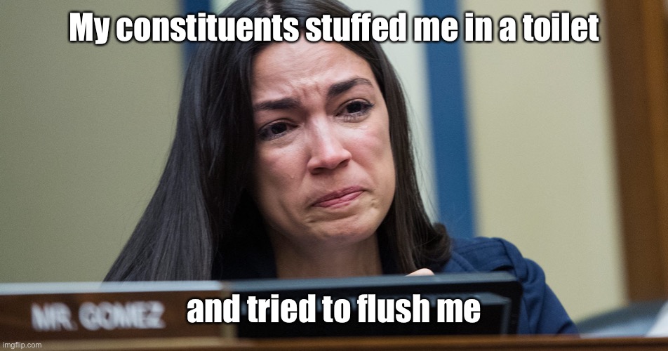 AOC CRYING | My constituents stuffed me in a toilet and tried to flush me | image tagged in aoc crying | made w/ Imgflip meme maker