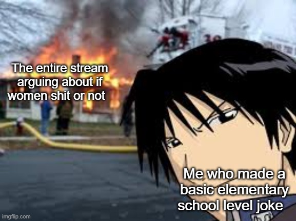 Roy Mustang house fire | The entire stream arguing about if women shit or not; Me who made a basic elementary school level joke | image tagged in roy mustang house fire | made w/ Imgflip meme maker