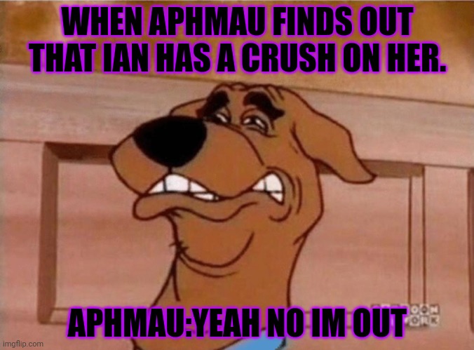 Ein Has a crush on Aphmau!? | WHEN APHMAU FINDS OUT THAT IAN HAS A CRUSH ON HER. APHMAU:YEAH NO IM OUT | image tagged in scooby cringe | made w/ Imgflip meme maker