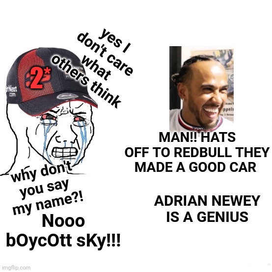 Hamilton does not mention my name | yes I don't care what others think; 2*; MAN!! HATS OFF TO REDBULL THEY MADE A GOOD CAR; why don't you say my name?! ADRIAN NEWEY IS A GENIUS; Nooo bOycOtt sKy!!! | image tagged in lewis,f1,formula 1 | made w/ Imgflip meme maker