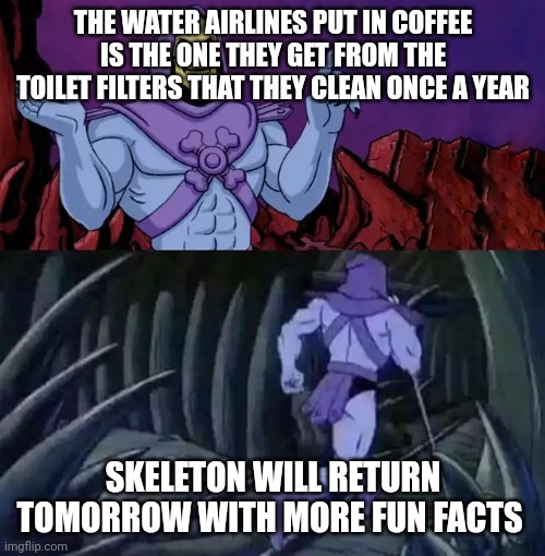 Skeletor says something then runs away |  THE WATER AIRLINES PUT IN COFFEE IS THE ONE THEY GET FROM THE TOILET FILTERS THAT THEY CLEAN ONCE A YEAR; SKELETON WILL RETURN TOMORROW WITH MORE FUN FACTS | image tagged in skeletor says something then runs away,fun,disturbing,disturbing facts skeletor,fun fact,skeleton | made w/ Imgflip meme maker