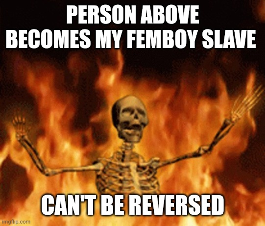 Skeleton Burning In Hell | PERSON ABOVE BECOMES MY FEMBOY SLAVE; CAN'T BE REVERSED | image tagged in skeleton burning in hell | made w/ Imgflip meme maker