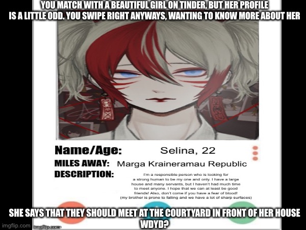 Main OC introductions! |  YOU MATCH WITH A BEAUTIFUL GIRL ON TINDER, BUT HER PROFILE IS A LITTLE ODD. YOU SWIPE RIGHT ANYWAYS, WANTING TO KNOW MORE ABOUT HER; SHE SAYS THAT THEY SHOULD MEET AT THE COURTYARD IN FRONT OF HER HOUSE
WDYD? | image tagged in roleplaying,role_play,rp,vampire oc | made w/ Imgflip meme maker