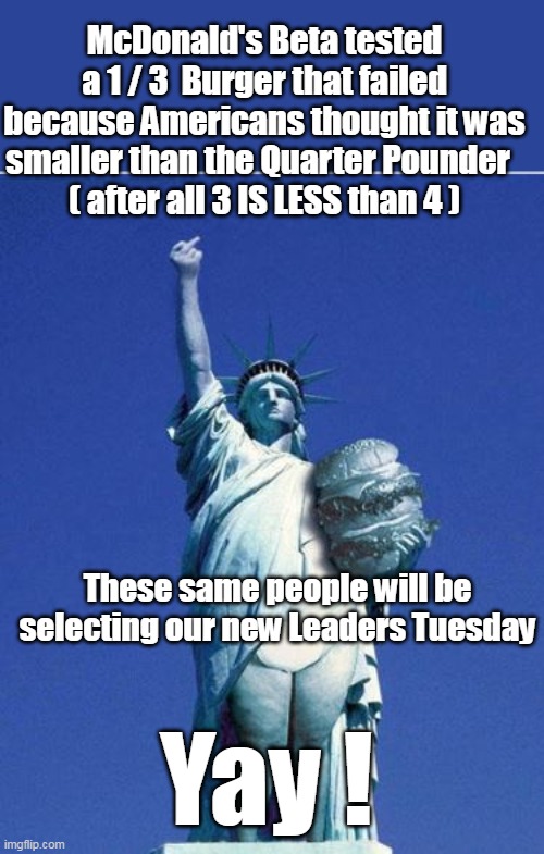 People get the leadership they deserve | McDonald's Beta tested a 1 / 3  Burger that failed because Americans thought it was smaller than the Quarter Pounder  
( after all 3 IS LESS than 4 ); These same people will be selecting our new Leaders Tuesday; Yay ! | image tagged in idiots electing idiots | made w/ Imgflip meme maker