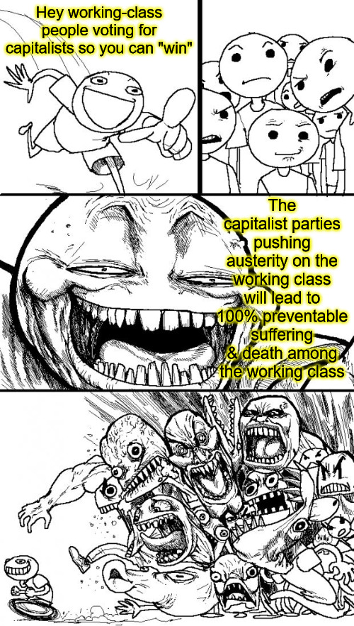 Hey Internet Meme | Hey working-class people voting for capitalists so you can "win"; The capitalist parties pushing austerity on the working class will lead to 100% preventable suffering & death among the working class | image tagged in memes,hey internet,voting,austerity,capitalism | made w/ Imgflip meme maker