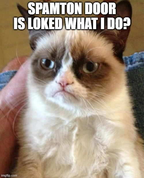 his shop is locked | SPAMTON DOOR IS LOKED WHAT I DO? | image tagged in memes,grumpy cat | made w/ Imgflip meme maker