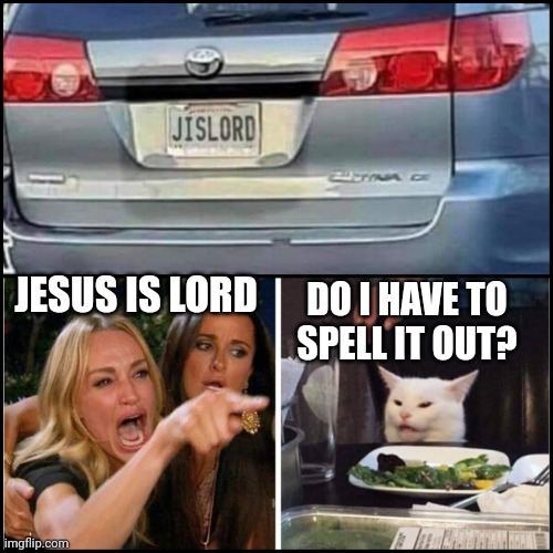 Jesus is Lord | DO I HAVE TO SPELL IT OUT? JESUS IS LORD | image tagged in smudge the cat,smudge,license plate,jesus | made w/ Imgflip meme maker