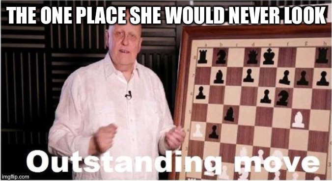 Outstanding Move | THE ONE PLACE SHE WOULD NEVER LOOK | image tagged in outstanding move | made w/ Imgflip meme maker