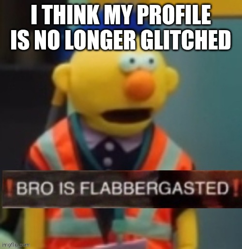 Flabbergasted Yellow Guy | I THINK MY PROFILE IS NO LONGER GLITCHED | image tagged in flabbergasted yellow guy | made w/ Imgflip meme maker