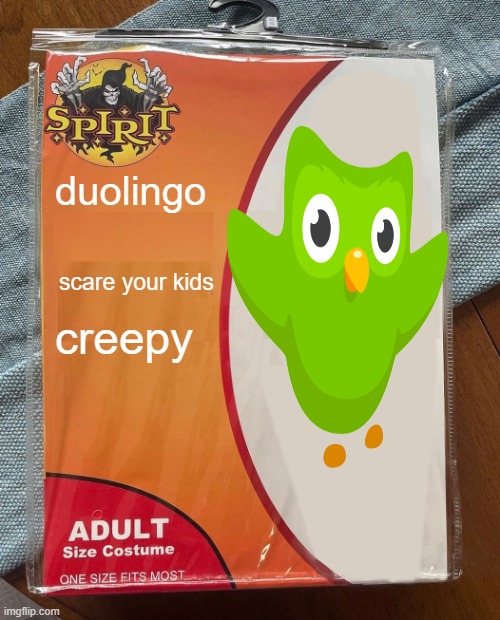 yay i have a new... wait WHAT? | duolingo; scare your kids; creepy | image tagged in spirit halloween | made w/ Imgflip meme maker