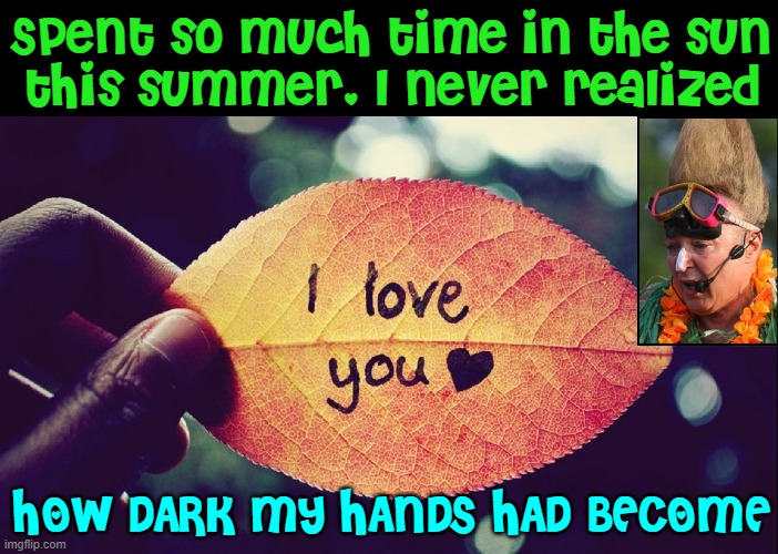 The Autumn Leaves are Like Remnants of Summer | Spent so much time in the sun
this summer. I never realized; HOW DARK MY HANDS HAD BECOME | image tagged in vince vance,autumn leaves,summer time,i love you,memes,hands | made w/ Imgflip meme maker