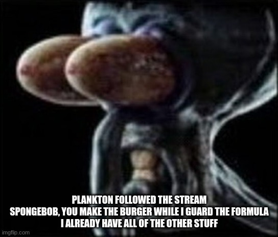 Squidward staring | PLANKTON FOLLOWED THE STREAM
SPONGEBOB, YOU MAKE THE BURGER WHILE I GUARD THE FORMULA
I ALREADY HAVE ALL OF THE OTHER STUFF | image tagged in squidward staring | made w/ Imgflip meme maker