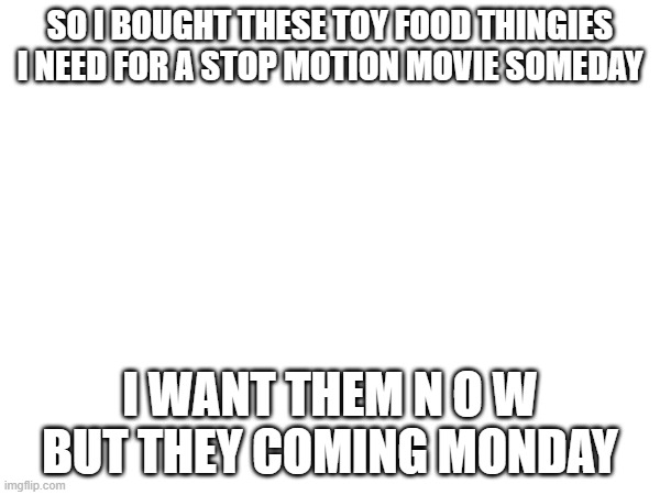 idk i just felt the need for p l a s t i c  f o o d | SO I BOUGHT THESE TOY FOOD THINGIES I NEED FOR A STOP MOTION MOVIE SOMEDAY; I WANT THEM N O W BUT THEY COMING MONDAY | made w/ Imgflip meme maker