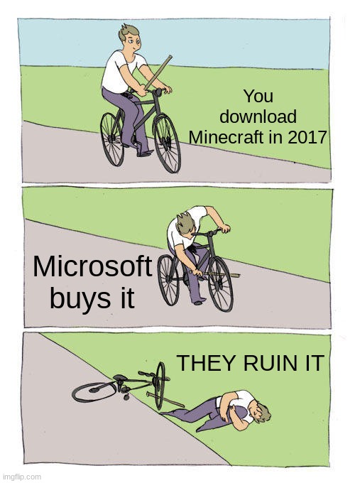 This not a meme it is the TRUTH | You download Minecraft in 2017; Microsoft buys it; THEY RUIN IT | image tagged in memes,bike fall | made w/ Imgflip meme maker