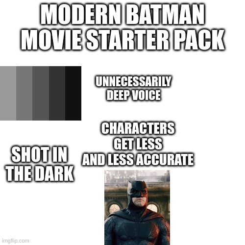 from reddit | MODERN BATMAN MOVIE STARTER PACK; UNNECESSARILY DEEP VOICE; CHARACTERS GET LESS AND LESS ACCURATE; SHOT IN THE DARK | image tagged in memes,blank transparent square,batman | made w/ Imgflip meme maker