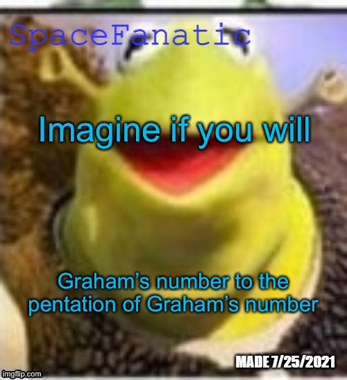 Or Graham’s number tetrated to Graham’s number a Graham’s number of times | Imagine if you will; Graham’s number to the pentation of Graham’s number | image tagged in spacefanatic announcement temp | made w/ Imgflip meme maker