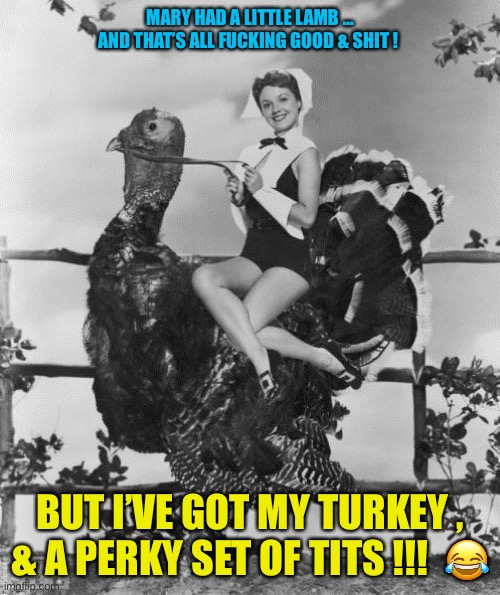He Said Perky TITS !!!  : ) | MARY HAD A LITTLE LAMB …
AND THAT’S ALL FUCKING GOOD & SHIT ! BUT I’VE GOT MY TURKEY ,
& A PERKY SET OF TITS !!!  😂 | image tagged in turkey rodeo | made w/ Imgflip meme maker