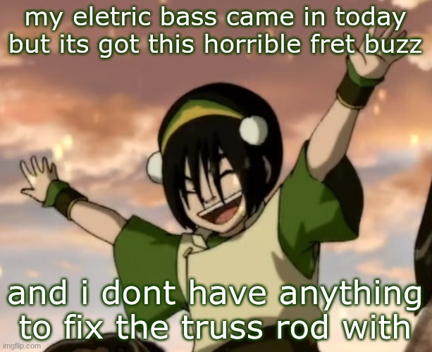 toph | my eletric bass came in today
but its got this horrible fret buzz; and i dont have anything to fix the truss rod with | image tagged in toph | made w/ Imgflip meme maker