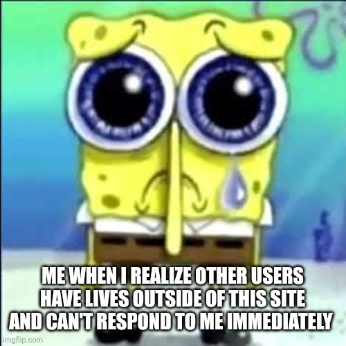 Why can't everyone just drop out of everything to make memes | ME WHEN I REALIZE OTHER USERS HAVE LIVES OUTSIDE OF THIS SITE AND CAN'T RESPOND TO ME IMMEDIATELY | image tagged in sad spongebob | made w/ Imgflip meme maker