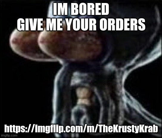 Squidward staring | IM BORED
GIVE ME YOUR ORDERS; https://imgflip.com/m/TheKrustyKrab | image tagged in squidward staring | made w/ Imgflip meme maker