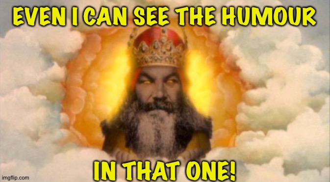 monty python god | EVEN I CAN SEE THE HUMOUR IN THAT ONE! | image tagged in monty python god | made w/ Imgflip meme maker