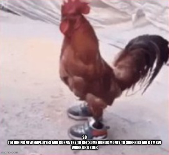 dripping bird of a specific name | SO
I'M HIRING NEW EMPLOYEES AND GONNA TRY TO GET SOME BONUS MONEY TO SURPRISE MR K TMRW
WORK OR ORDER | image tagged in dripping bird of a specific name | made w/ Imgflip meme maker