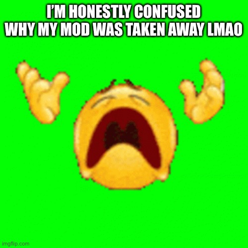 I still don’t know why, probably too many mods or something, I’m fine with it | I’M HONESTLY CONFUSED WHY MY MOD WAS TAKEN AWAY LMAO | made w/ Imgflip meme maker