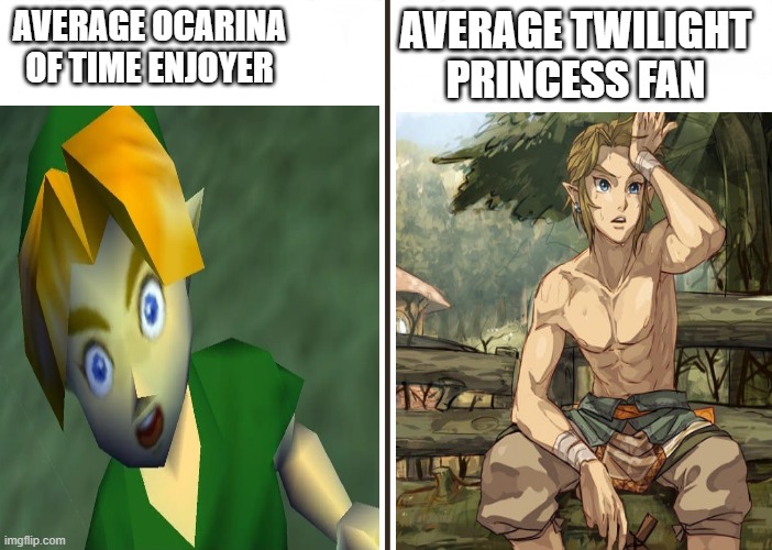 Best Zelda | AVERAGE OCARINA OF TIME ENJOYER; AVERAGE TWILIGHT PRINCESS FAN | image tagged in legend of zelda,twilight princess,ocarina of time,link,midna,nintendo | made w/ Imgflip meme maker