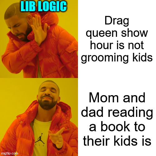 Libs call parents reading to their children grooming... | LIB LOGIC; Drag queen show hour is not grooming kids; Mom and dad reading a book to their kids is | image tagged in memes,drake hotline bling | made w/ Imgflip meme maker