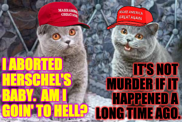 Two regular Republicans talkin'. | IT'S NOT 
MURDER IF IT 
HAPPENED A 
LONG TIME AGO. I ABORTED
HERSCHEL'S
BABY.  AM I
GOIN' TO HELL? | image tagged in sad cat happy cat,memes,republicans,abortion | made w/ Imgflip meme maker