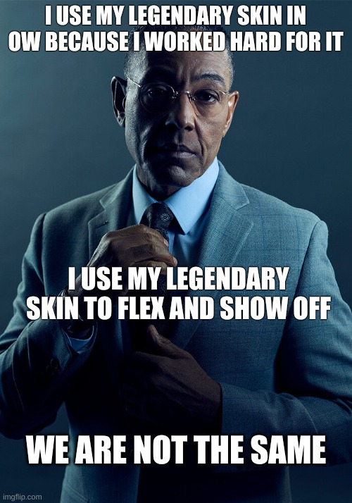Ow skin | I USE MY LEGENDARY SKIN IN OW BECAUSE I WORKED HARD FOR IT; I USE MY LEGENDARY SKIN TO FLEX AND SHOW OFF; WE ARE NOT THE SAME | image tagged in gus fring we are not the same | made w/ Imgflip meme maker