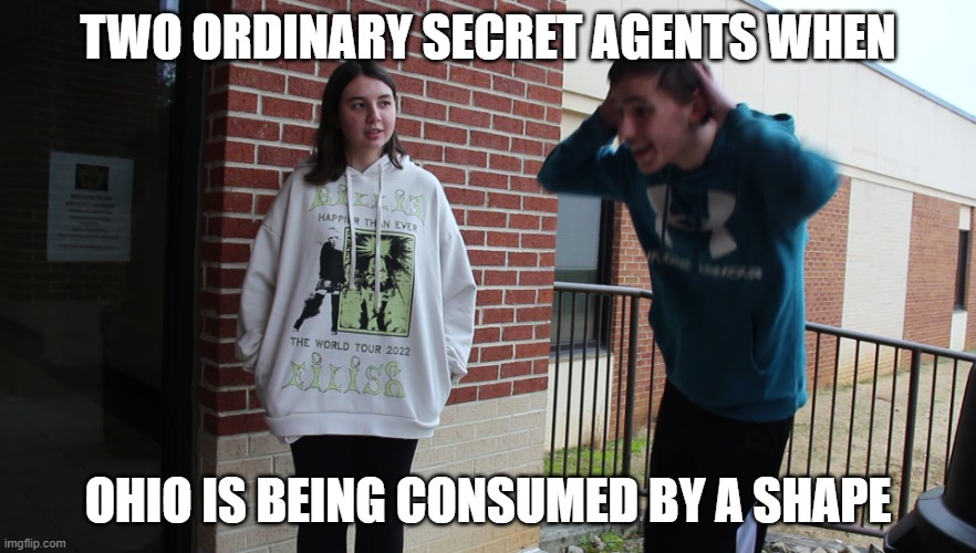 Agents of Panic | TWO ORDINARY SECRET AGENTS WHEN; OHIO IS BEING CONSUMED BY A SHAPE | image tagged in agents of panic | made w/ Imgflip meme maker