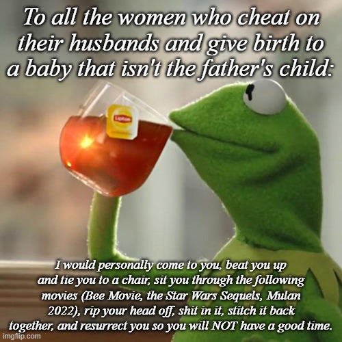 Nuff said | To all the women who cheat on their husbands and give birth to a baby that isn't the father's child:; I would personally come to you, beat you up and tie you to a chair, sit you through the following movies (Bee Movie, the Star Wars Sequels, Mulan 2022), rip your head off, shit in it, stitch it back together, and resurrect you so you will NOT have a good time. | image tagged in memes,but that's none of my business,kermit the frog,cheating,women,women be trippin' | made w/ Imgflip meme maker
