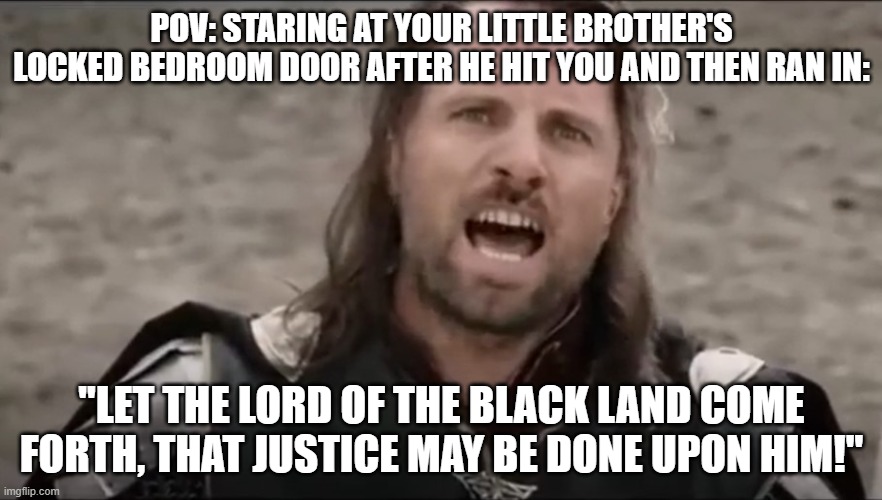 The Wooden Gate | POV: STARING AT YOUR LITTLE BROTHER'S LOCKED BEDROOM DOOR AFTER HE HIT YOU AND THEN RAN IN:; "LET THE LORD OF THE BLACK LAND COME FORTH, THAT JUSTICE MAY BE DONE UPON HIM!" | image tagged in lotr,siblings,funny | made w/ Imgflip meme maker