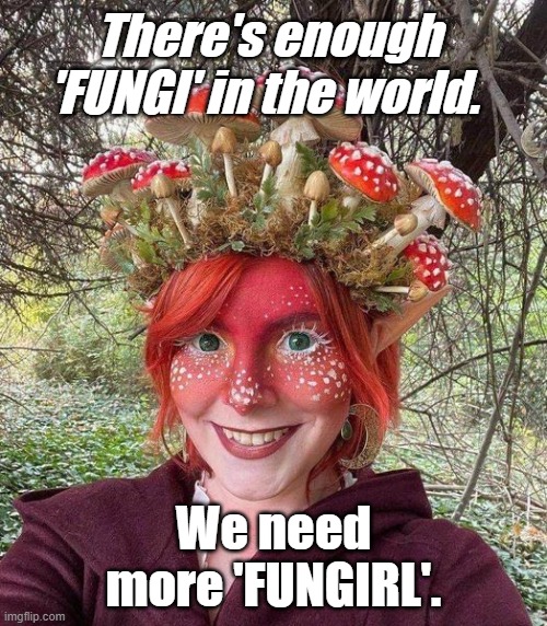 Less fungi.  More fungirl. | There's enough 'FUNGI' in the world. We need more 'FUNGIRL'. | image tagged in satire,mushrooms,fungi,humor,bad puns | made w/ Imgflip meme maker