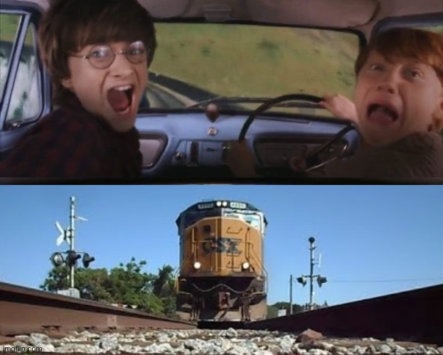 CSX Train Chasing Harry and Ron Weasly | image tagged in memes,funny,tom chasing harry and ron weasly,train,trains,csx | made w/ Imgflip meme maker