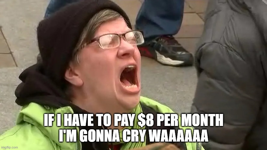 IF I HAVE TO PAY $8 PER MONTH
I'M GONNA CRY WAAAAAA | made w/ Imgflip meme maker