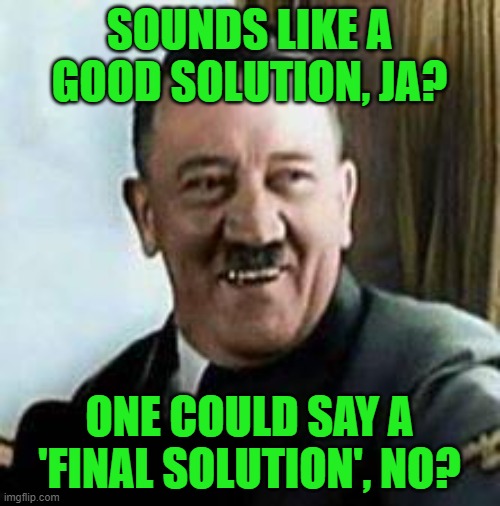 laughing hitler | SOUNDS LIKE A GOOD SOLUTION, JA? ONE COULD SAY A 'FINAL SOLUTION', NO? | image tagged in laughing hitler | made w/ Imgflip meme maker
