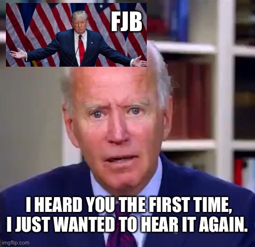 Slow Joe Biden Dementia Face | FJB; I HEARD YOU THE FIRST TIME,
I JUST WANTED TO HEAR IT AGAIN. | image tagged in slow joe biden dementia face | made w/ Imgflip meme maker
