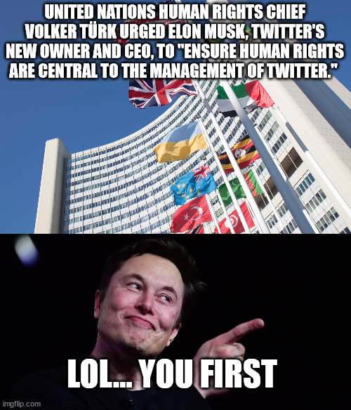 UNITED NATIONS HUMAN RIGHTS CHIEF VOLKER TÜRK URGED ELON MUSK, TWITTER'S NEW OWNER AND CEO, TO "ENSURE HUMAN RIGHTS ARE CENTRAL TO THE MANAGEMENT OF TWITTER."; LOL... YOU FIRST | image tagged in elon musk,twitter,united nations | made w/ Imgflip meme maker