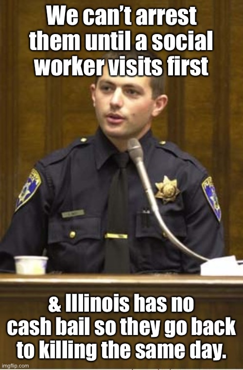 Police Officer Testifying Meme | We can’t arrest them until a social worker visits first & Illinois has no cash bail so they go back to killing the same day. | image tagged in memes,police officer testifying | made w/ Imgflip meme maker